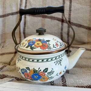 Vintage Kamenstein Enameled Wildflower Tea Kettle Brass Wood Handle Cottagecore